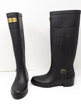 NEW Hunter Belsize Waterproof Knee High Gold Logo Rubber Rain Boots Shoes Black